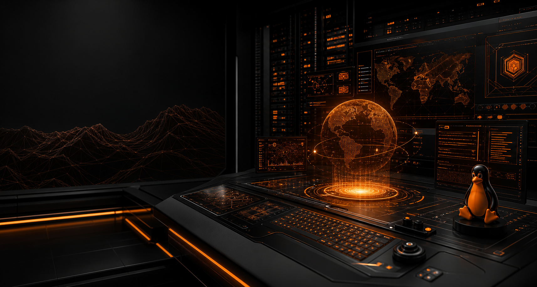 Black and orange science fiction cyber operations deck with holographic systems displays